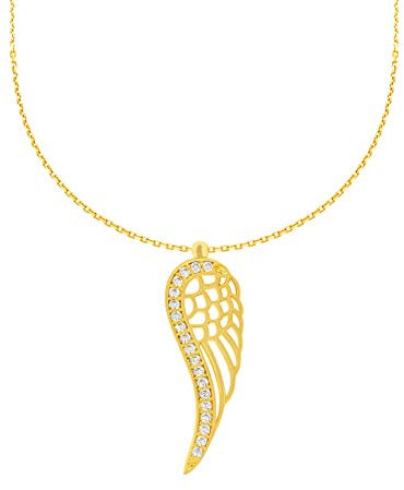Stella-Jewellery 585er Gelbgold Kette mit Engelsflügel Anhänger Zirkonia Halskette Collier 14K inkl. Etui