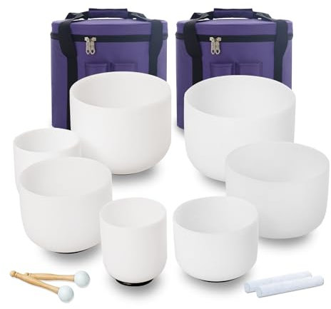 KVKA 7-12 inch Set of 7pcs Chakra Frosted Quartz Crystal Singing Bowl With 2 Carrying Case