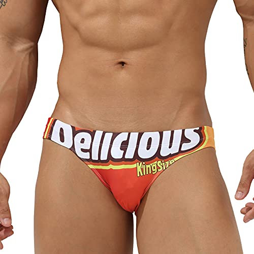 EASEJUICY Mens Swim Briefs Sexy Bikini Swimwear Digital Printing Letter Swimsuit Low Rise Drawstring with Liner, Orange Delicious, X-Large