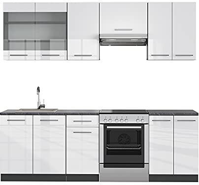 Vicco Küchenzeile Fame-Line, Weiß Hochglanz/Anthrazit, 240 cm ohne Arbeitsplatte