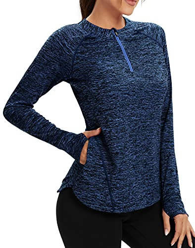 Soneven Damen Laufshirt Langarm Funktionsshirt Langarmshirt Sport t Shirts Damen Fitness Trainingsshirt 1/4 Zip Wandershirt Damen Atmungsaktiv mit Daumenloch und Tasche Blau M