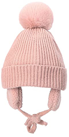 Kinder Strickmütze Ski Beanie Cap Knit Pom Pom Bommel Mütze Outdoor Winter Sturmmaske Trooper Trapper Bomber Mütze Fleece Gepolstert Super Warm Hat Cap mit Ohrenklappe für Kinder Mädchen Jungen, rose