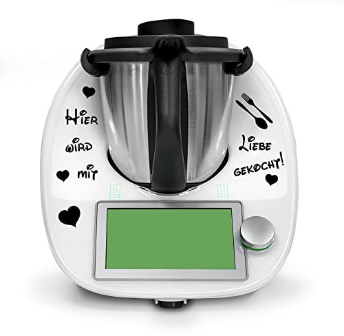 Finest Folia Deko Aufkleber kompatibel mit Küchenmaschine Thermomix TM5 TM6 Design Sticker Zubehör für Küchengerät wasserfest selbstklebend K154 (09 Hier wird mit Liebe gekocht, Schwarz)