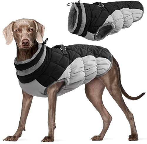 Kuoser Hundejacke Hundemantel für Große Hunde Winterweste Wasserdicht Hunde Wintermantel Jacke Winter Hunde Mantel Mit Geschirr Warme Winterjacke Hundepullover Haustier Skifahren Kostüm Schwarz, XL