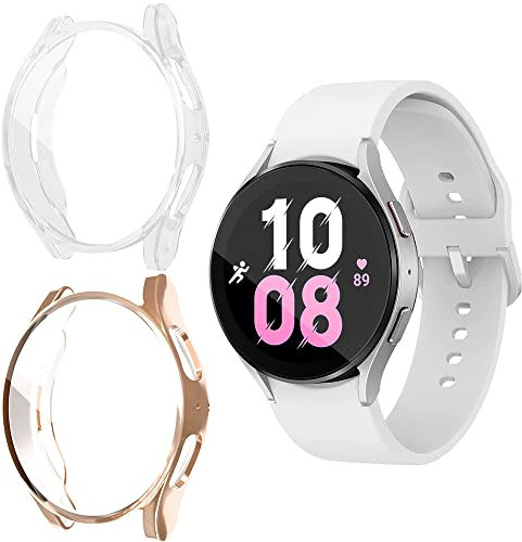 Niboow Coque [2 Pièces] Compatible avec Samsung Galaxy Watch 5 44mm, Protection D'écran Cadre Totale Anti-Rayure, Couverture Complète Doux de Cas pour Samsung Galaxy Watch 5 44mm-Or Rose+Transparent