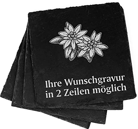4X Alpen Edelweiss Deko Schiefer Untersetzer Wunschgravur Set - 11 x 11 cm Flaschenuntersetzer Glasuntersetzer Tassenuntersetzer