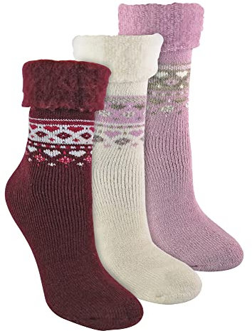 Sock Snob 3 Paires Femme Chaussettes Lit pour Hiver Thermiques Vintage Design Chaussettes Laine Chaudes (37-42, Fuchsia profonde/rose/crème)
