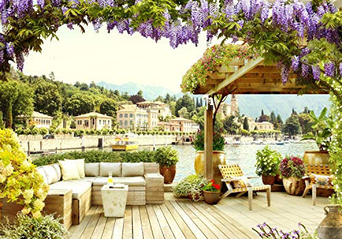 wandmotiv24 Fototapete Terrasse See-blick Italien, 400 x 280 cm - selbstklebende Strukturtapete, Wanddeko, Wandbild, Wandtapete, Küste, Blumen, Stadt M1230