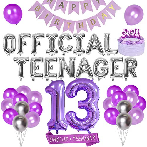 Cheereveal 13 Geburtstag Dekorationen für Mädchen Lila und Silber, Offizielles Teenager Luftballons Banner, Happy Birthday, Omg Ur A Teenager Schärpe, Zahl 13 Folienballon, Geburtstag Party Supplies