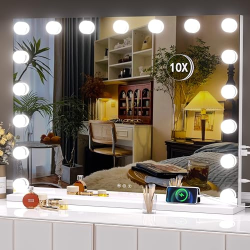Hasipu Kosmetikspiegel mit Beleuchtung, 31,5 x 23,6 Hollywood Spiegel, Schminkspiegel mit 17 dimmbaren Glühbirnen und 10-facher Vergrößerung, 3 Farbmodi, Touch Control, USB-Ladeanschluss, Typ-C