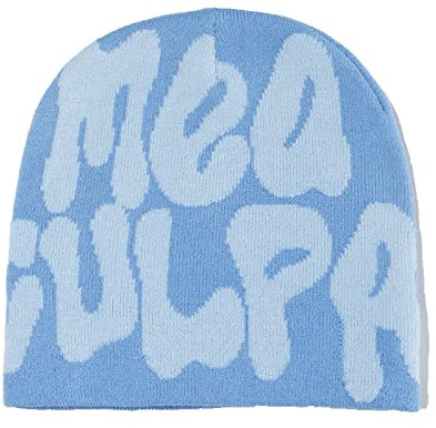 ECLUSE Y2k Damen Jacquard Strickmütze MEA Culpas Beanie Mode Vielseitige Wollmütze Herbst und Winter Anti-Kälte Warm Strickmütze, blau, One size