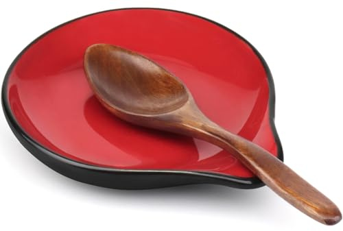 VanlonPro Ceramic Spoon Rest, 5 Inch Spoon Holder for Stove Top, Kitchen Counter, Utensils, Ladle, Coffee Spoons, Cooking Spatula, Tongs, Housewarming Gifts, Heat-Resistant, Red & Black