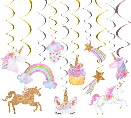 20 Stück Einhorn Hängende Wirbel Kindergeburtstag Deko, Einhorn Geburtstagsdeko, Einhorn Happy Birthday Spiralen für Mädchen Geburtstag Party Dekorationen, Einhorn Themen Party Deko