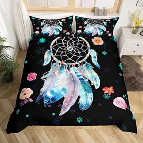 Traumfänger Bettwäsche 200x200cm, 3Tlg Bettbezüge Set Böhmische Fantasiefedern 3D Motiv mit Reißverschluss und 2 Kissenbezüge 80x80cm,Microfaser Kinderbettwäsche ÖKO-TEX Zertifiziert für Allergiker