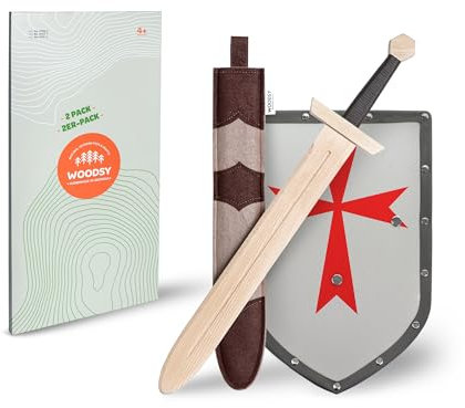 WOODSY ® Schild und Schwert mit Scheide | 57 cm lang Handmade aus Buche | Ritter kostüm, Ritterschwert I Schwert Spielzeug, Schwert Fasching Mittelalter excalibu