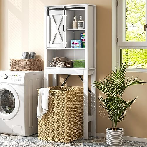 GOPLUS Meuble Étagère de Salle de Bain, Rangement au Dessus des Toilettes WC ou Lave-Linge, Armoire et 3 Étagères Ouvertes, Anti-basculement, 68 x 22 x 171 CM (Blanc)