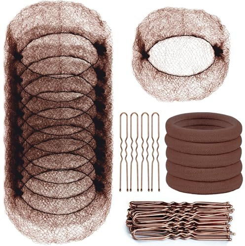 TsMADDTs Haarnetze für Dutt, unsichtbares elastisches Netz und U-förmige Nadeln, 30 Stück Haarnetz, 30 Stück 6,1 cm Haarnadeln, 5 Stück Haargummibänder, Braun