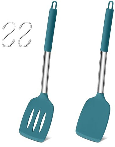 Herogo Silicone Spatula Turner, 2 Pcs Stainless Steel Cooking Spatula with S Hooks for Egg, Fish, Pancake, Meat, Non Stick Kitchen Utensils for Baking, Heat Resistant & Dishwasher Safe, Blue
