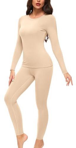 Ganado Thermounterwäsche Set Damen Innenfleece Thermowäsche Thermo Oberteil und Thermohose Leggings Winter Warm Unterwäsche Funktionsunterwäsche (Beige, M)
