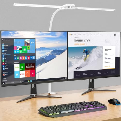KableRika Doppelkopf Schreibtischlampe LED Dimmbar, helle Schreibtischlampe Klemmbar für Homeoffice, Augenschutz schwanenhals lampe mit 4 Farbmodi & Helligkeit, moderne Büro Tischlampe für Monitor