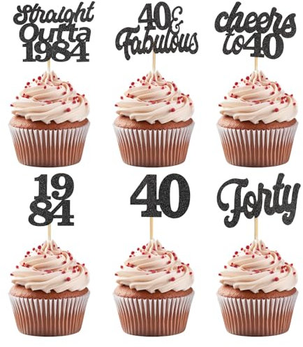 ALEGRE Tortendeko 40 Geburtstag Männer Frauen,Straight Outta 1984 Cupcake Topper 40.Geburtstag,24 Stück Cheers to 40 Muffin Deko Schwarz,Glitzer Kuchendeko 1984 Geburtstag Tischdeko