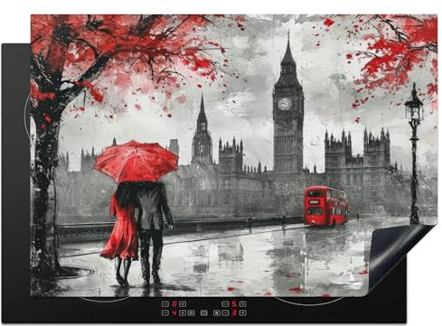 KitchenYeah© Coperchio Piano Cottura 75x52 cm Cucina Copri Fornelli Tappetino Induzione Antiscivolo Piastra Protezione Londra - Rosso - Acquerello - Nero - Coppia