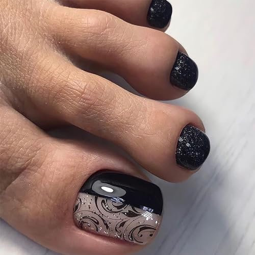 24Pcs French False Toenails Short Square French Natural Press on Toe Nails Acrylic Glossy Black Glitter Fake Toenails Cute Artificial Full Cover Stick on Toenails for Women and Girls