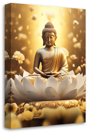 CXHOSTENT Goldene Buddha Leinwandbilder Zen Bilder Buddha Statue mit Lotus Kunstdrucken für spirituelle Meditation Yoga Zimmer Büro (D, 40.00 x 60.00 cms)