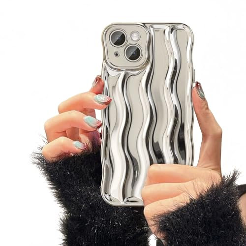 UEEBAI Hülle für iPhone 15 6.1 inch, Wasserwellen-Muster Silikon Handyhülle, Lockige Wellen Rahmenform Soft TPU Case mit Anti-Kratzen Stoßfeste Schutzhülle TPU Bumper Cover - Silber