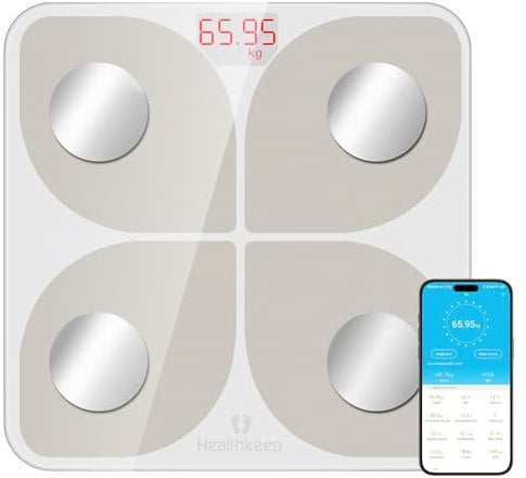 Bilancia Pesa Persona, Healthkeep Bilancia connessa Bluetooth Impedenzometro Pesa Persone Alta Precisione con 13 Misure Corporali APP Per Android & iOS, Capacità 180kg/400lb, 28x28cm
