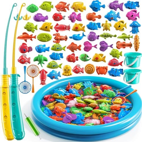 TEMI Magnetic Fishing Toys for Kids 3-5 - Floating Fish Game with Inflatable Kiddie Pool, Bath Toy for Toddlers, Pole Rod Net, Outdoor Party Toys for Boys Girls Kids Age 3 4 5 6 7 8 Year Old