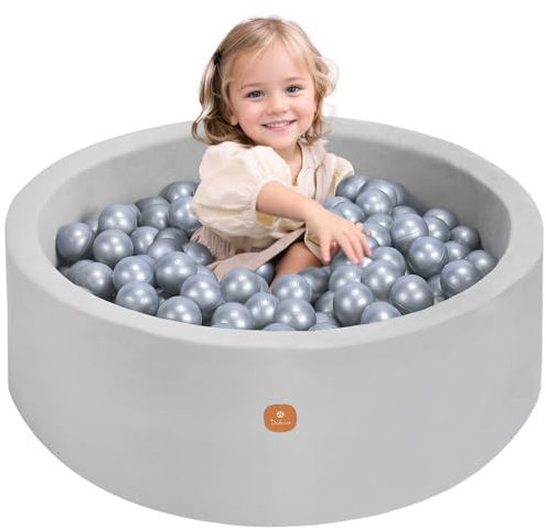 Dodozen Piscine à Balles Molles 90x30cm/150 Balles pour Bébé Enfant - Mousse Haute Résilience - Velours Super Doux - Nettoyage Amovible - Gris:Argenté