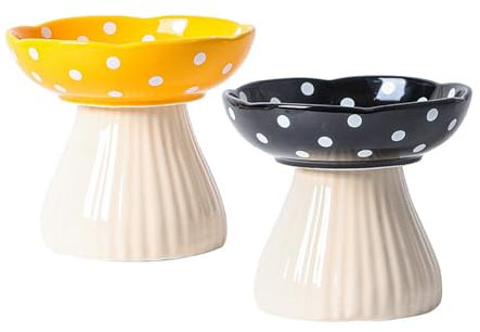 Liemuao 2 Pièces Gamelle Chat Surélevée, 300ml Gamelle Céramique en Forme de Champignons, Inclinable à 15° Bol pour Chat Anti-Vomissements Bol pour Animaux de Compagnie (Jaune+Noir)