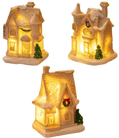 Christmas Village Houses Set 3Pcs LED Light Up Christmas Ornament Kits Christmas Resin Ornament Buildings Scene Christmas Decorations Luminous Snow House Holiday Lighting Xmas Party Decor (Tree)