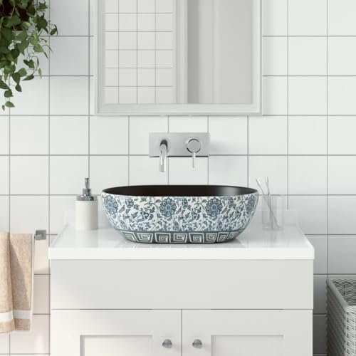 LAPOOH Aufsatzwaschbecken Schwarz und Blau Oval 47x33x13 cm Keramik, Waschbecken, Waschtisch, Handwaschbecken - 155070