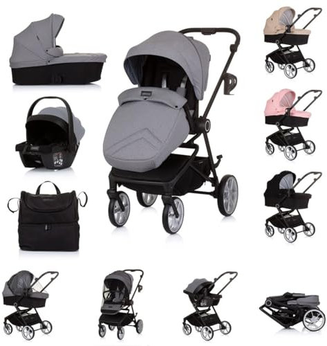 Chipolino 3 in 1 Kombikinderwagen Linea, Sportsitz, i-Size Babyschale, Babywanne, Farben:grau