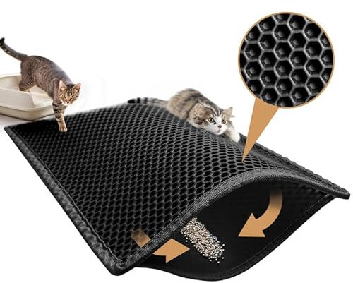 Pieviev Katzenklo Matte XXL, 89x61cm Katzenstreu Matte, Großer Katzenklo Unterleger, Wasserdichte Unterlage für Katzentoilette, Doppelter Honeycomb EVA Vorleger zum Sammeln von Katzenstreu, Schwarz