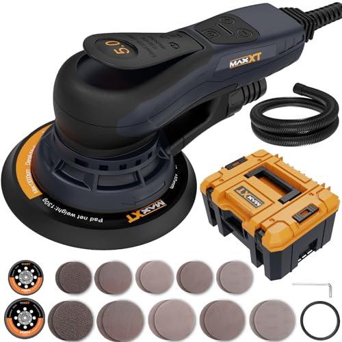 MAXXT Brushless Electric 5mm Orbital Sander, Plastic Molded Box, Palm Sander with Brushless Motor, 150mm&125mm Sanding Pads, Central Vacuum, for Custom Woodworking, Primary Wood and Panel Processing
