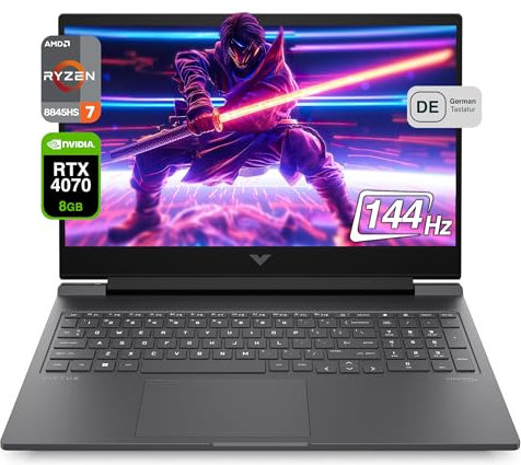 HP Victus 16 Ordinateur portable de jeu, avec AMD Ryzen 7 8845HS, 64 Go de RAM DDR5, SSD PCIe 4 To, écran 16,1 FHD 144 Hz, Nvidia GeForce RTX 4070, clavier QWERTZ RVB, Windows 11 Home, noir