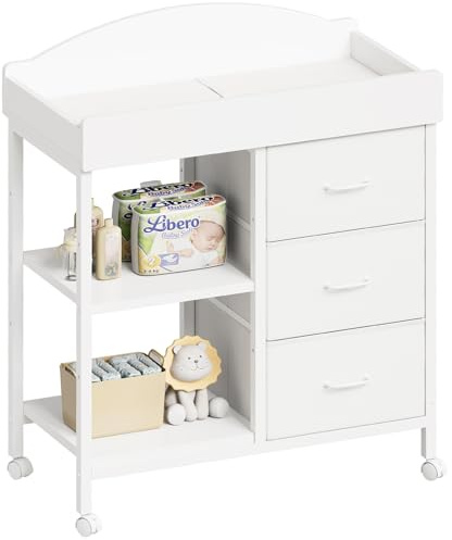 YeTom Changing Table Dresser, Baby Dresser with 3 Fabric Drawers and 2 Shelves, Multi-Functional Baby Changing Table with Pad, Classic Nursery Dresser, Diaper Changing Station for Nursery, White