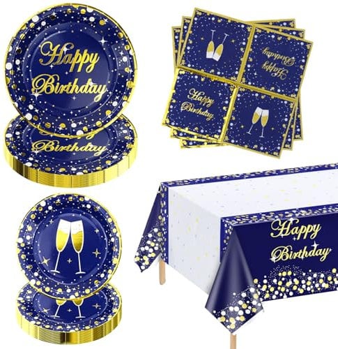 XJLANTTE Lot de 61 assiettes d'anniversaire bleues et dorées pour anniversaire, fête prénatale, mariage - Pour 20 invités