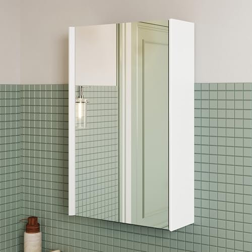 BRIDGE BENO Armoire de Toilette Suspendue avec Miroir, Finition Blanc Mat, Porte à Fermeture Douce, Panneaux latéraux biseautés à 45 degrés (40CM)