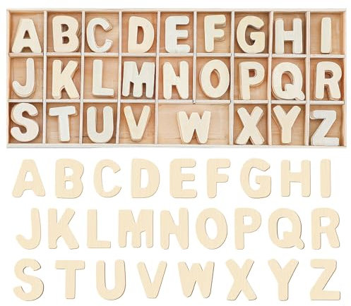 HJZHII 156 Stück holzbuchstaben Set,6 Sätze holzbuchstaben zum basteln Lagerung in Tablett,3 cm Großbuchstaben A-Z Wooden Alphabet Buchstaben für Kunsthandwerk DIY Hochzeitsfeier Home Decoration