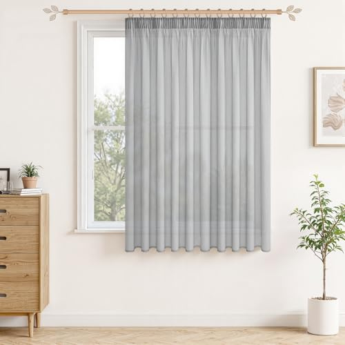 MRTREES Gardinen Transparent Grau Kurz mit kräuselband für schiene 100X200cm (HXB) Vorhang 200 cm breit Gardine Grau Halbtransparent Extra Breite Modern für küche, 1er Set