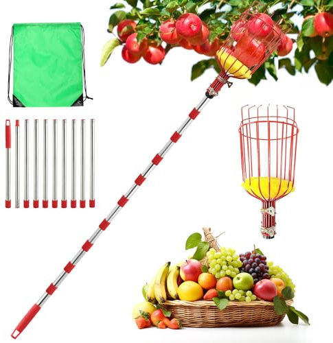 seOSTO Cueille Fruit Télescopique, 4,2M Cueilleur de Fruits Amovible, Pince avec Panier en Acier Inoxydable Ramasse Fruit avec Poteau Réglable Léger et Sac de Rangement