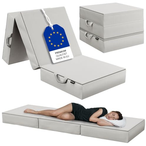 Bellamio Lomme Premium Klappmatratze Hellgrau – Gästematratze klappbar, extra hoch 15 cm – Faltmatratze 75x195 cm – Reisematratze waschbar – Faltbare Matratze mit Tragegriffen – Bandscheibenwürfel
