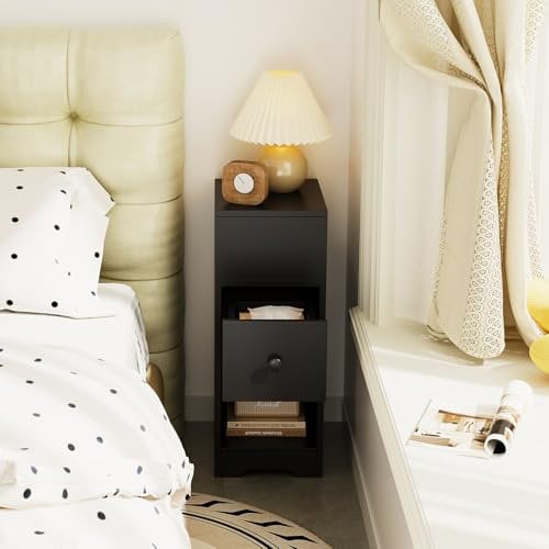 Dripex Slim Bedside Table, Narrow Bedside Cabinet with Storage Drawer, Wooden End Table Space Saving, 4 Tier Nightstand for Bedroom, Living Room, Balcony or Office (Black)