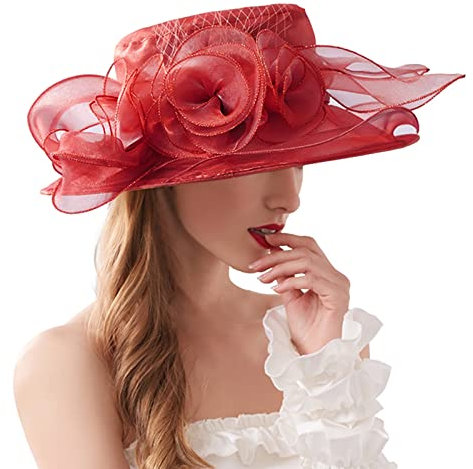 NaLatia Damen-Organzahut mit breiter Krempe und Federn für Kirche, Hochzeiten, Pferderennen Royal Ascot und Strandurlauboder als Sonnenhut Sommer-Neuheiten