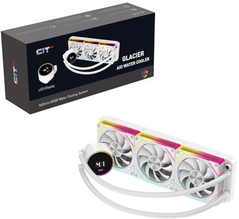 CiT Pro Glacier 360mm White ARGB CPU Liquid Cooler With Display For Performance Metrics, AIO Cooler 360mm CPU Water Cooler For Intel & AMD, Three ARGB Infinity PWM Fans & Temperature Display