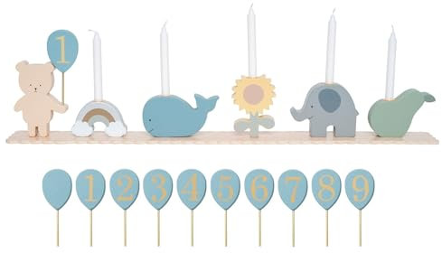 JaBaDaBaDo Holz Geburtstagszug Teddy & Freunde 63cm mit Kerzenhaltern, Inklusive Zahlen 1-9 + 1 Blanko-Ballon für den Namen des Kindes, niedlichen Figuren in schönen, sanften Farbtönen